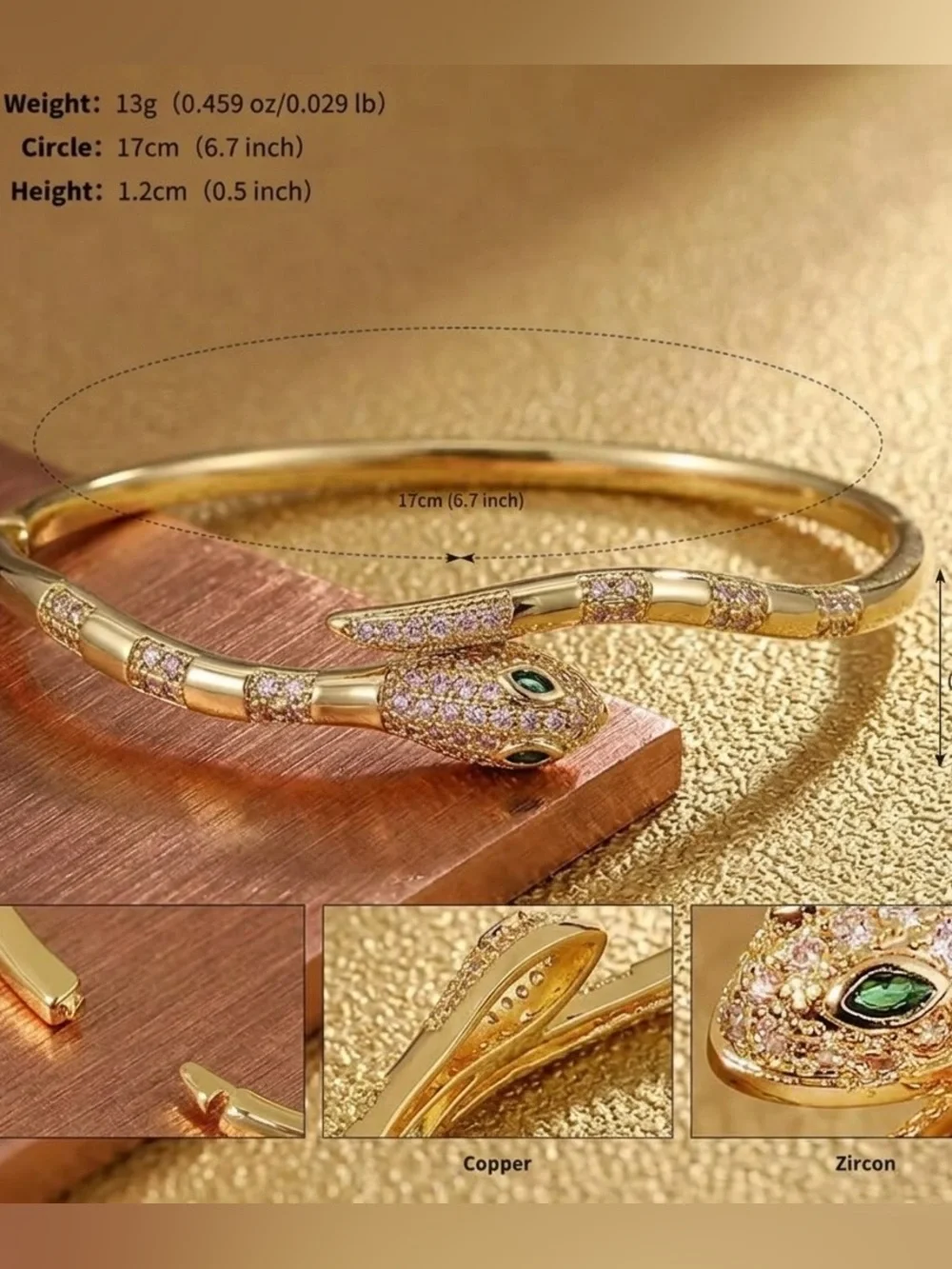 Snake cooper& Zirconium Bracelet Classic Nail Open Bangles